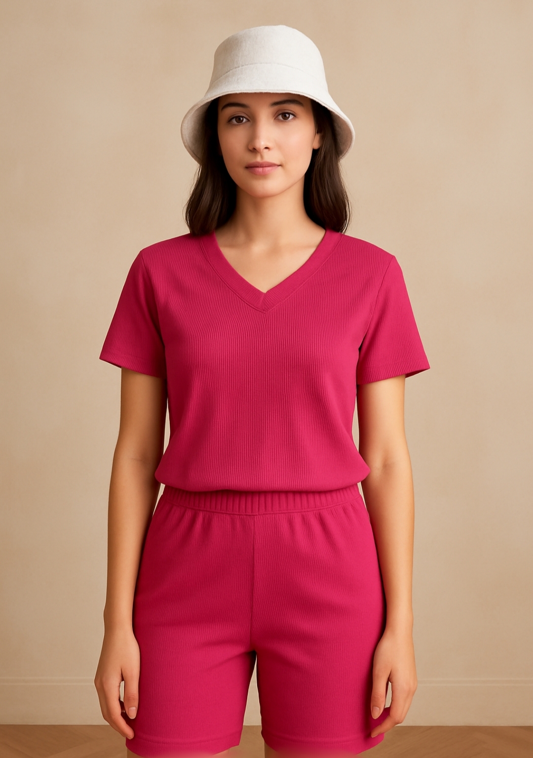 ست لباس راحتی تیشرت و شلوارک زنانه سرخابی طرح کبریتی