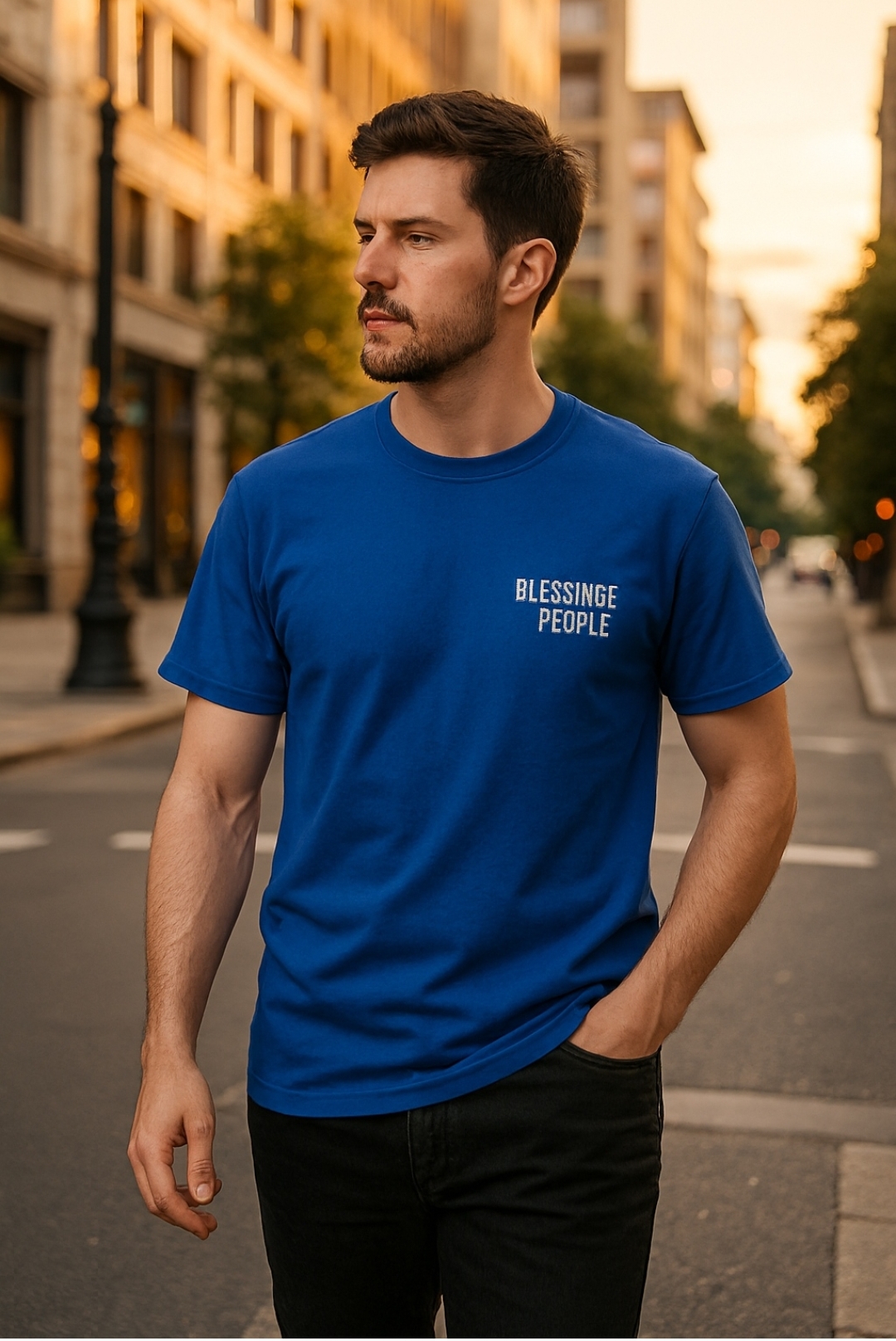 تیشرت نخی مردانه دو رو چاپ آبی یقه گرد