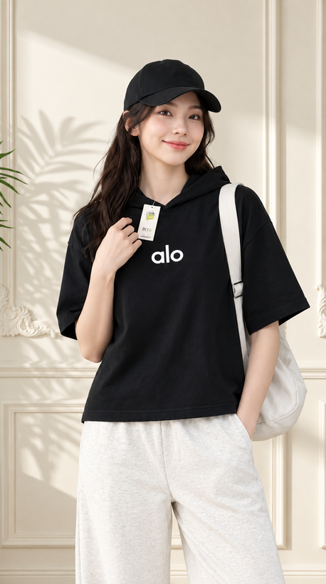 تیشرت کلاه دار اسپرت زنانه نخ پنبه چاپ alo