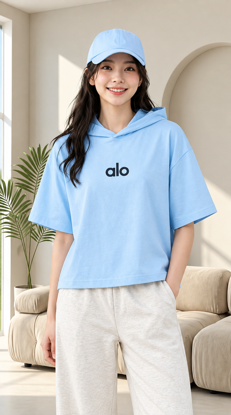 تیشرت کلاه دار اسپرت زنانه نخ پنبه چاپ alo